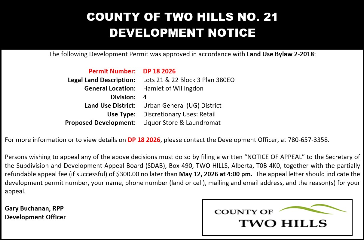 Development Permit 18 2026  — Lots 21 & 22 Block 3 Plan 380EO,  Hamlet of Willingdon, Division 4,  Land Use District: Urban General (UG) District, Use Type: Discretionary Use - Retail Proposed Development: Liquor Store & Laundromat