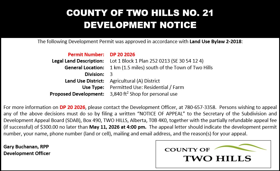 Development Permit 20 2026 — Lot 1 Block 1 Plan 252 0213 (SE-30-54-12-W4), 1km south of the Town of Two Hills; 3840sqft shop for personal use
