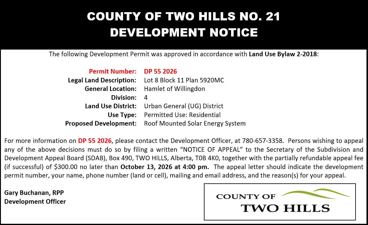 Development Permit 55 2026; Lot 8 Block 11 Plan 5290MC; Hamlet of Willingdon; Division 4; Land Use District: Urban General (UG); Use Type: Permitted Use — Residential; Proposed Development: Roof Mounted Solar Energy System