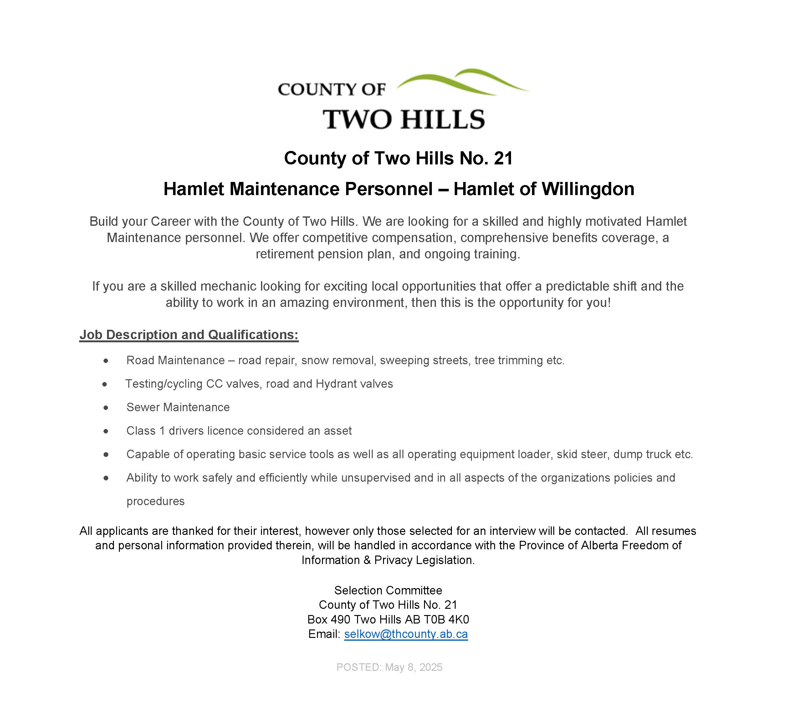 2025 PW Posting Willingdon Maintenance Personnel