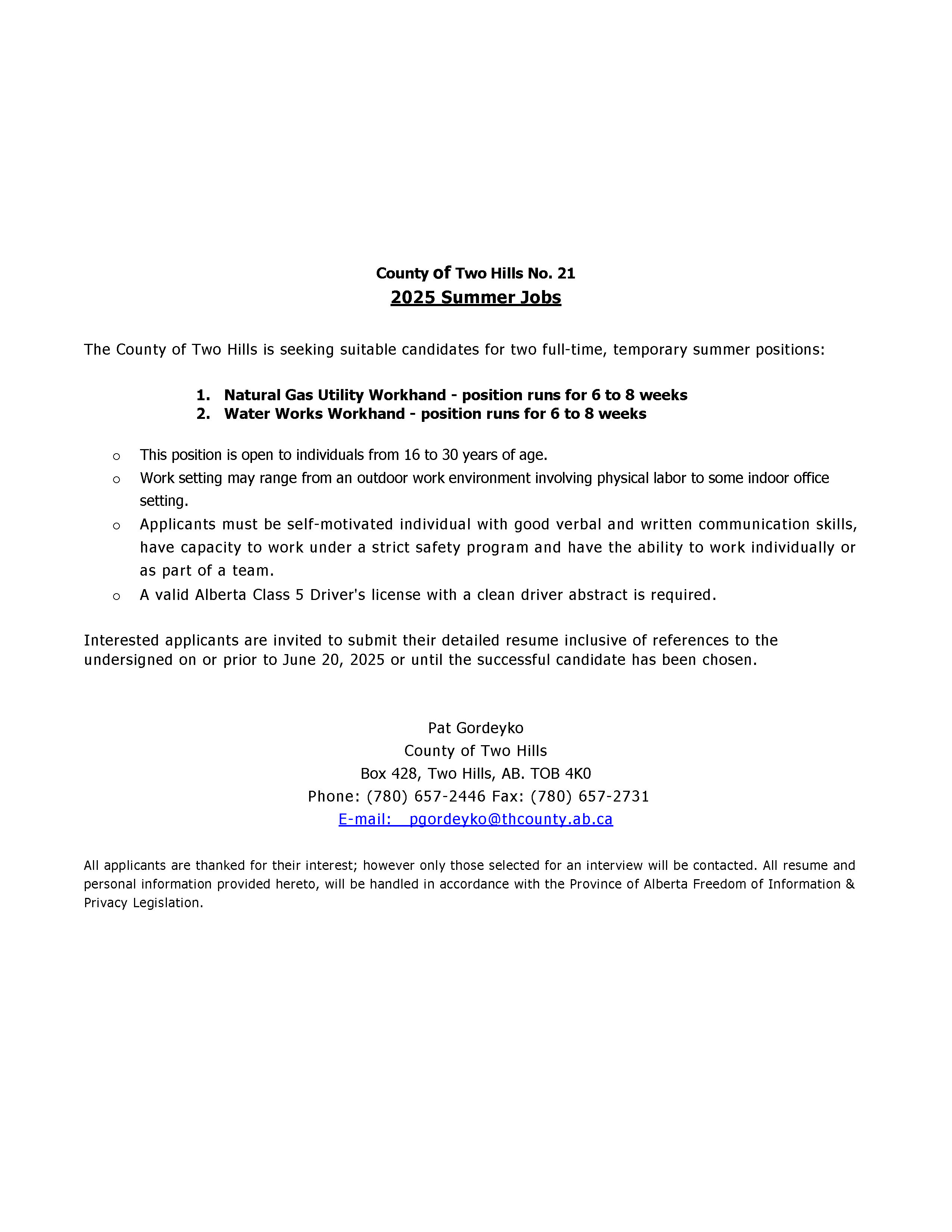 Gas Utility 2025 Summer Jobs
