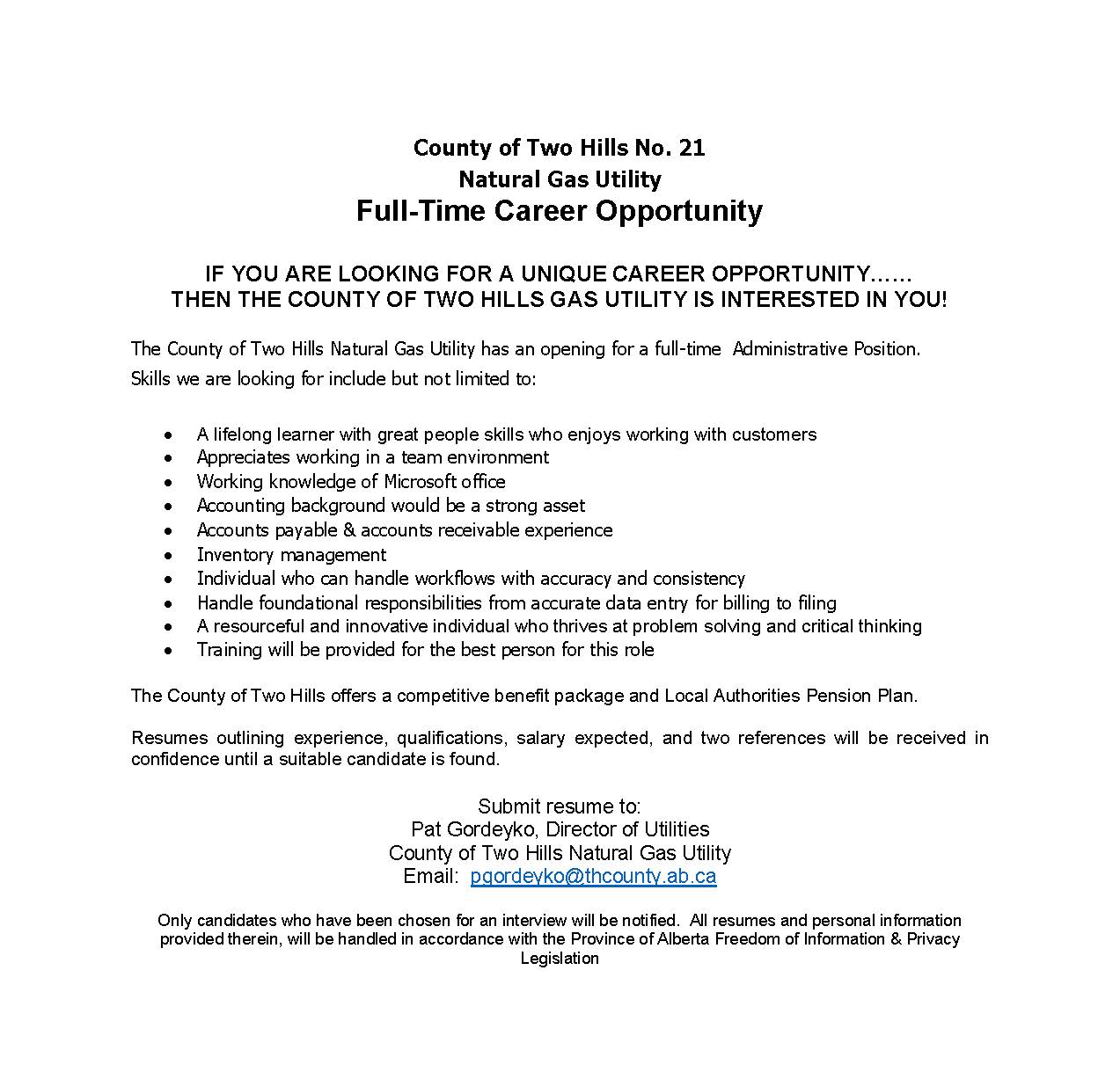 Employment Opportunity - Gas Utility - Senior Utility Clerk