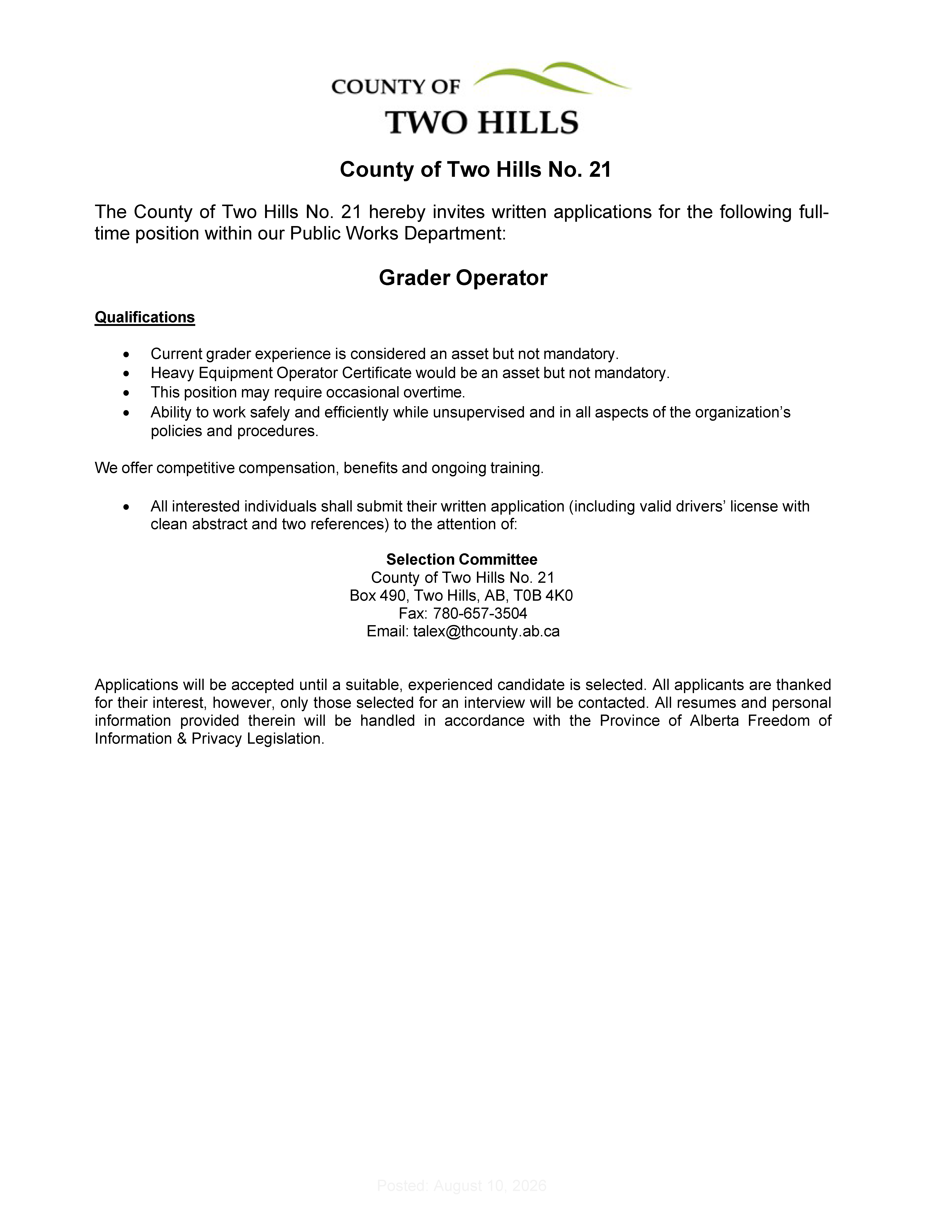 2026 PW Employment Posting - Grader Operator