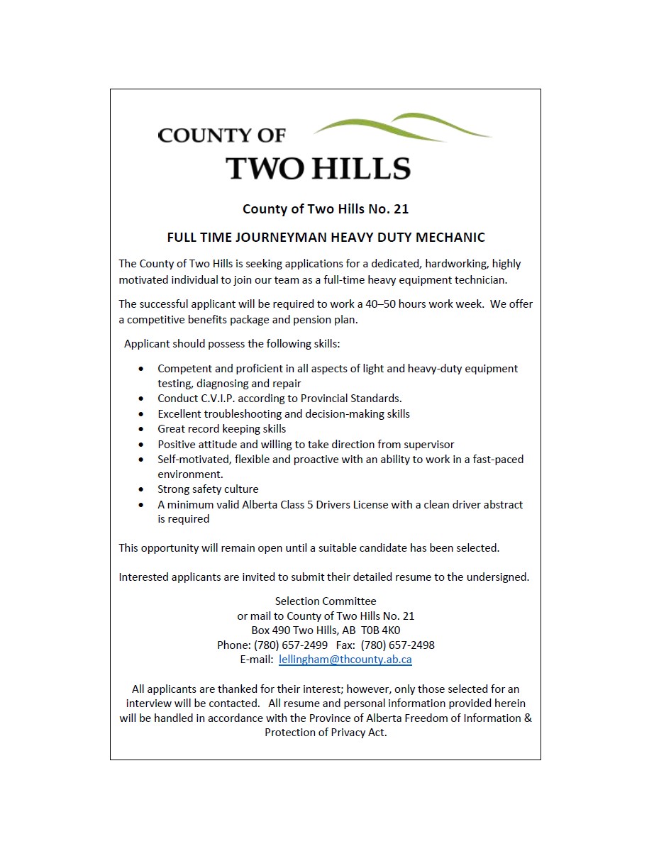 2026 Job Posting - Heavy Duty Mechanic (Public Works)