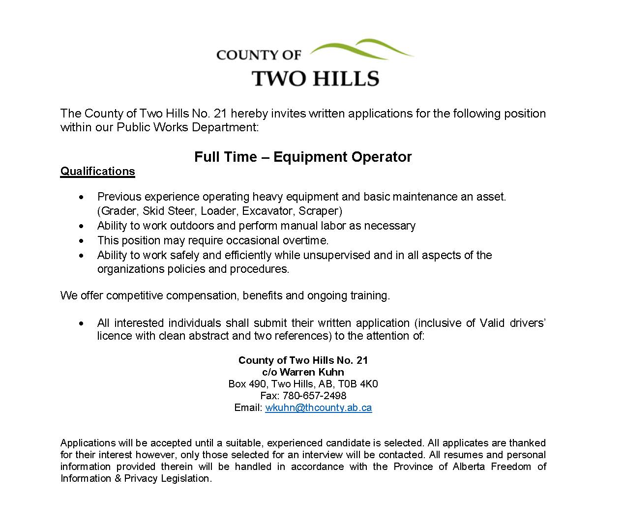 2026 Job Posting - Full Time Equipment Operator (Public Works)
