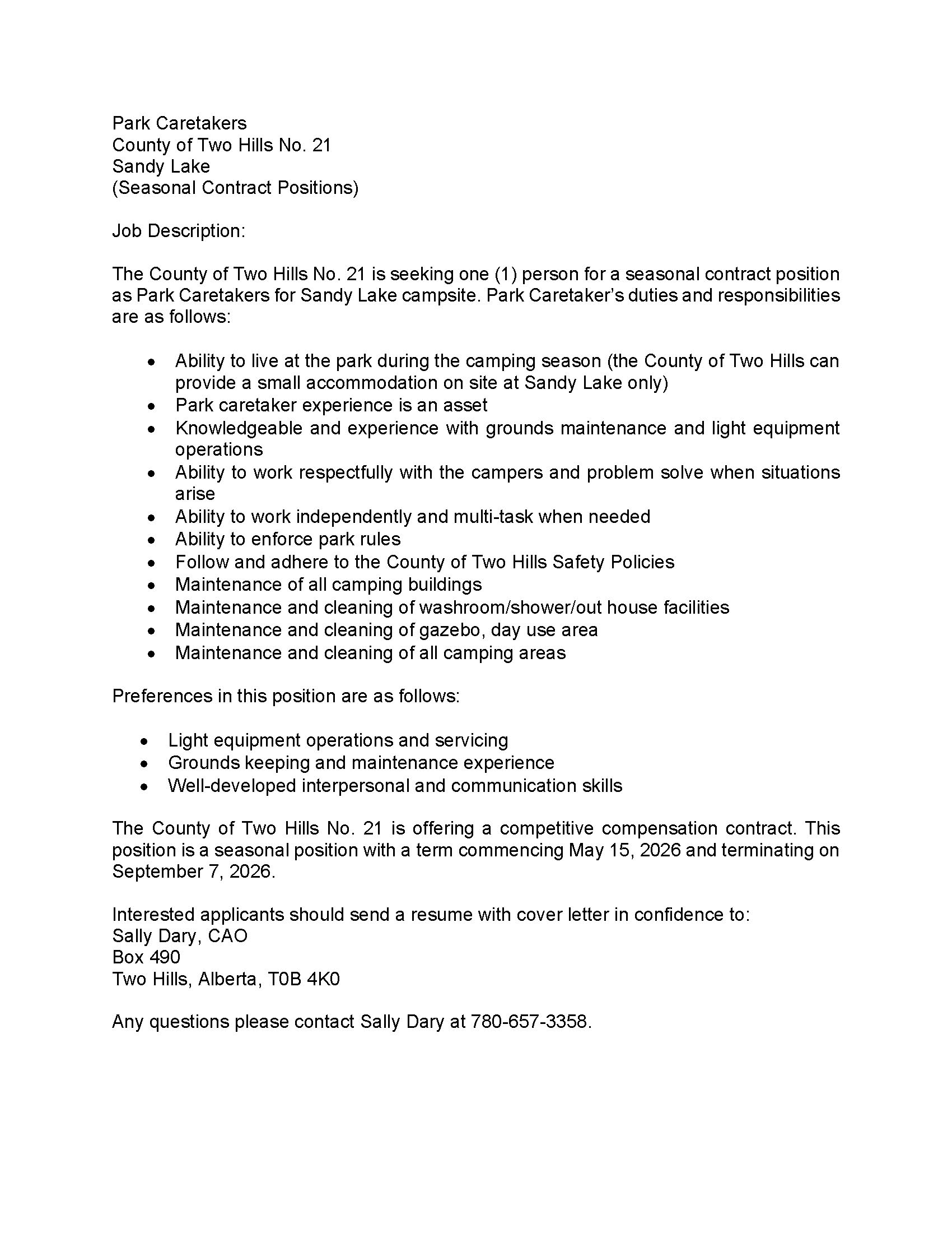 2026 Job Posting - Sandy Lake Park Caretaker