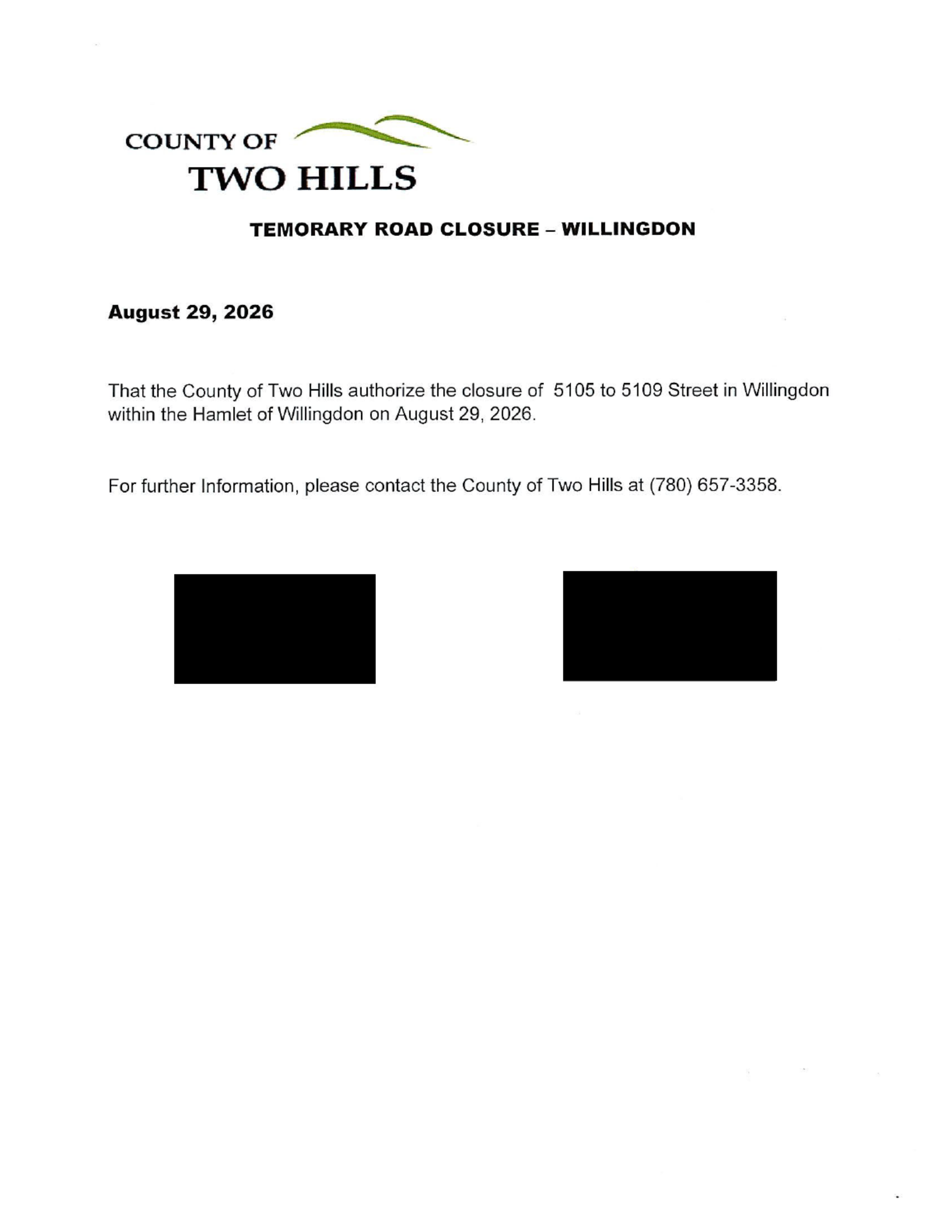 Temporary road closure in Willingdon (5105 to 5109 street) on august 29, 2026