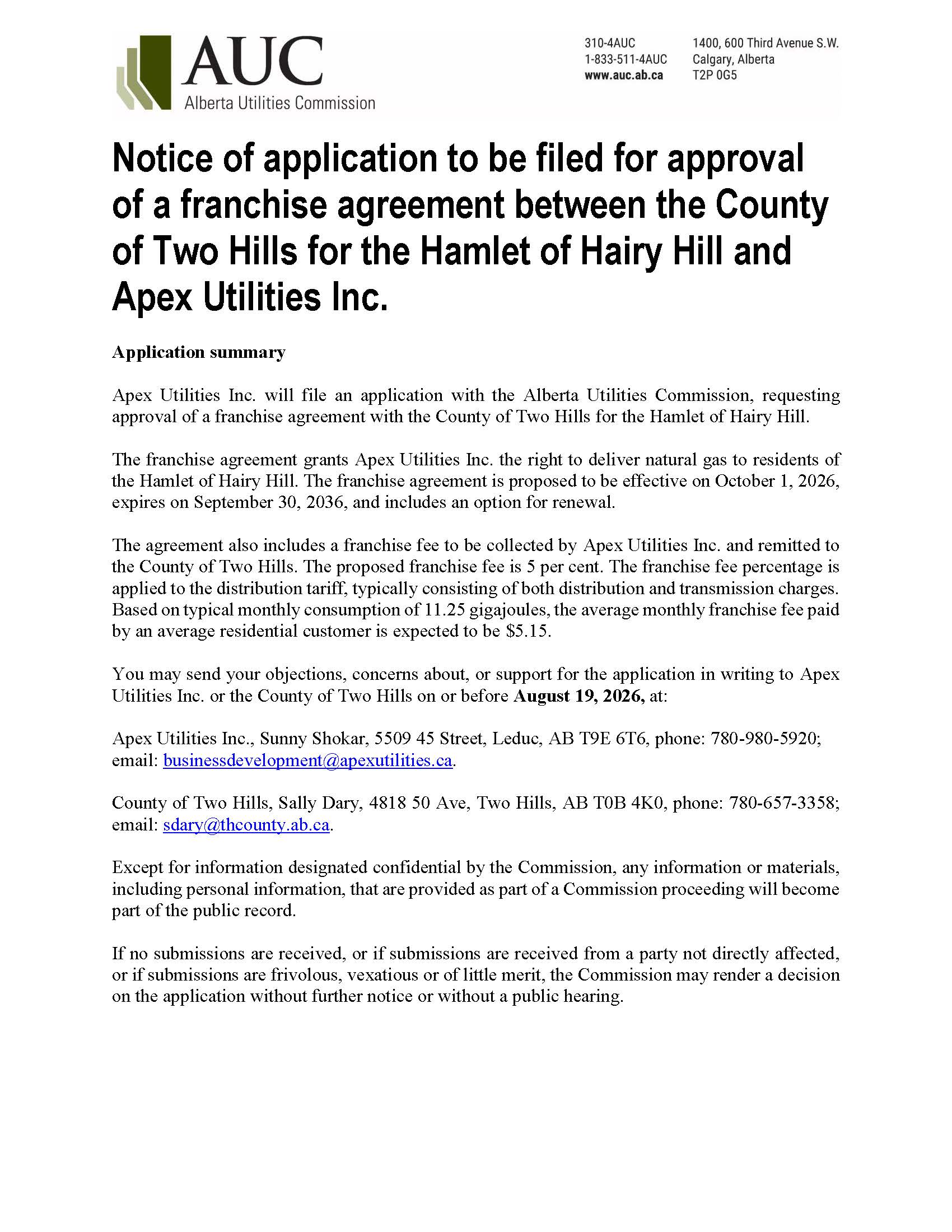Notice of Application Franchise Agreement Hamlet of Hairy Hill 2026 Page 1