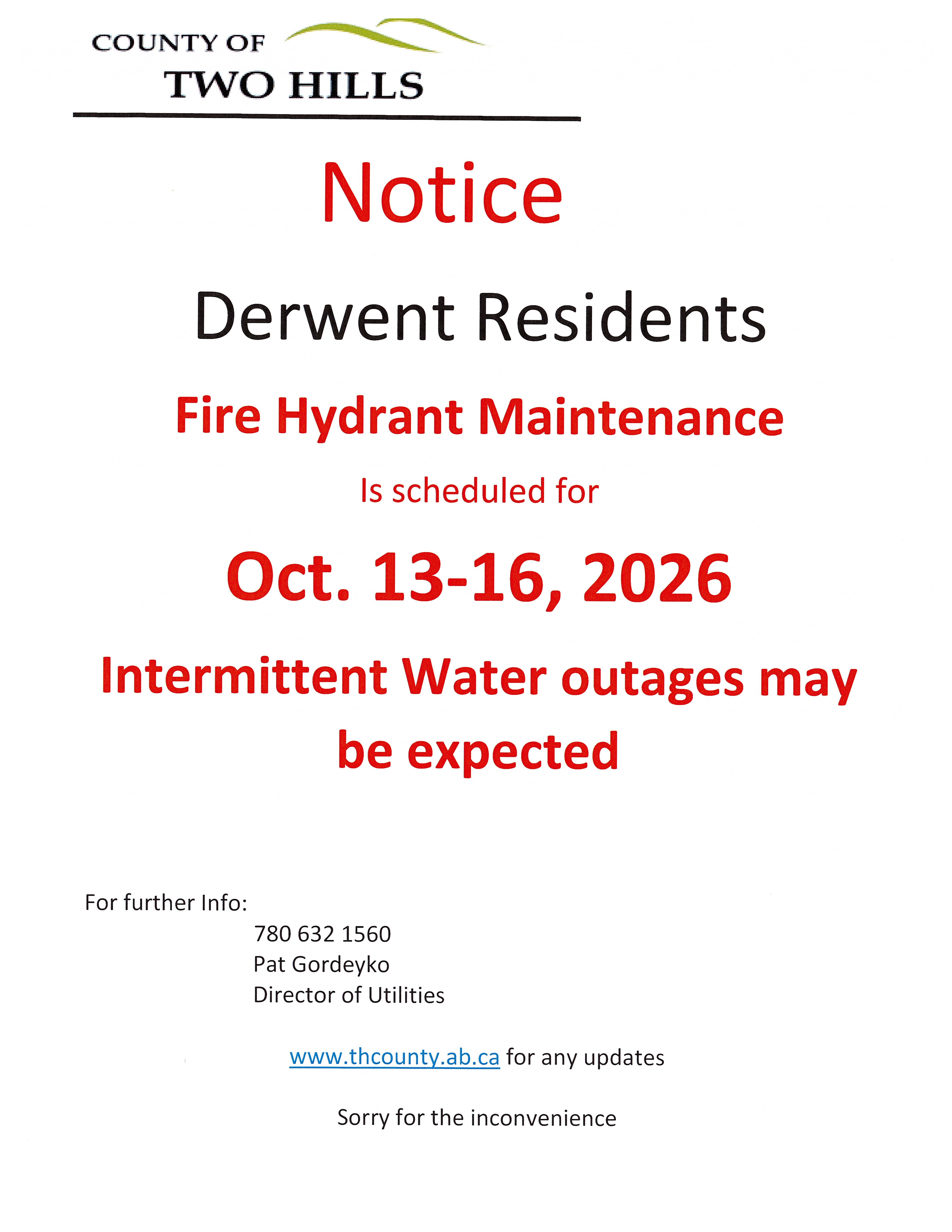 Derwent Fire Hydrant Maintenance Oct 13-16, 2026