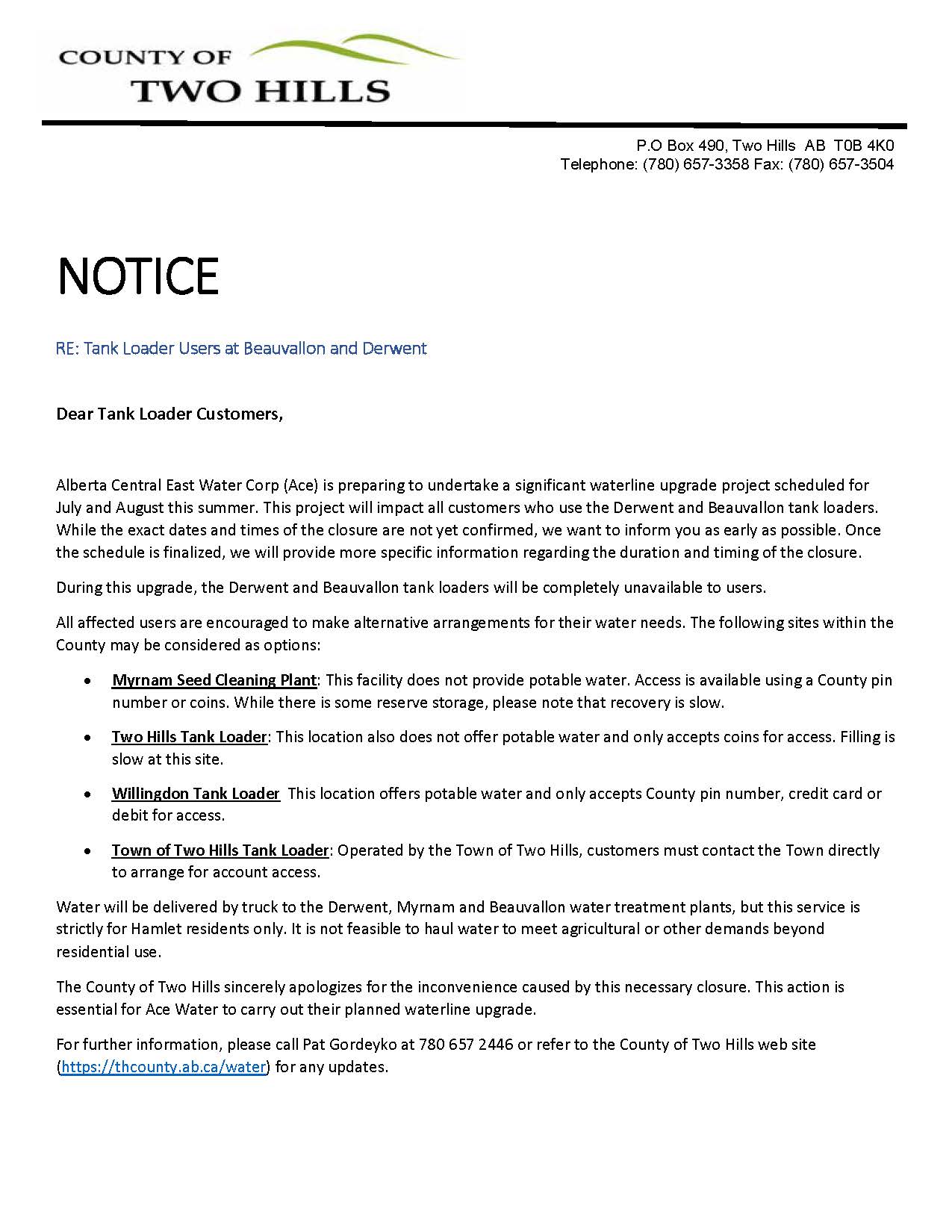 ACE Water Corp waterline upgrade project - tank loaders will be completely unavailable to users in Derwent and Beauvallon this July-August (2026)