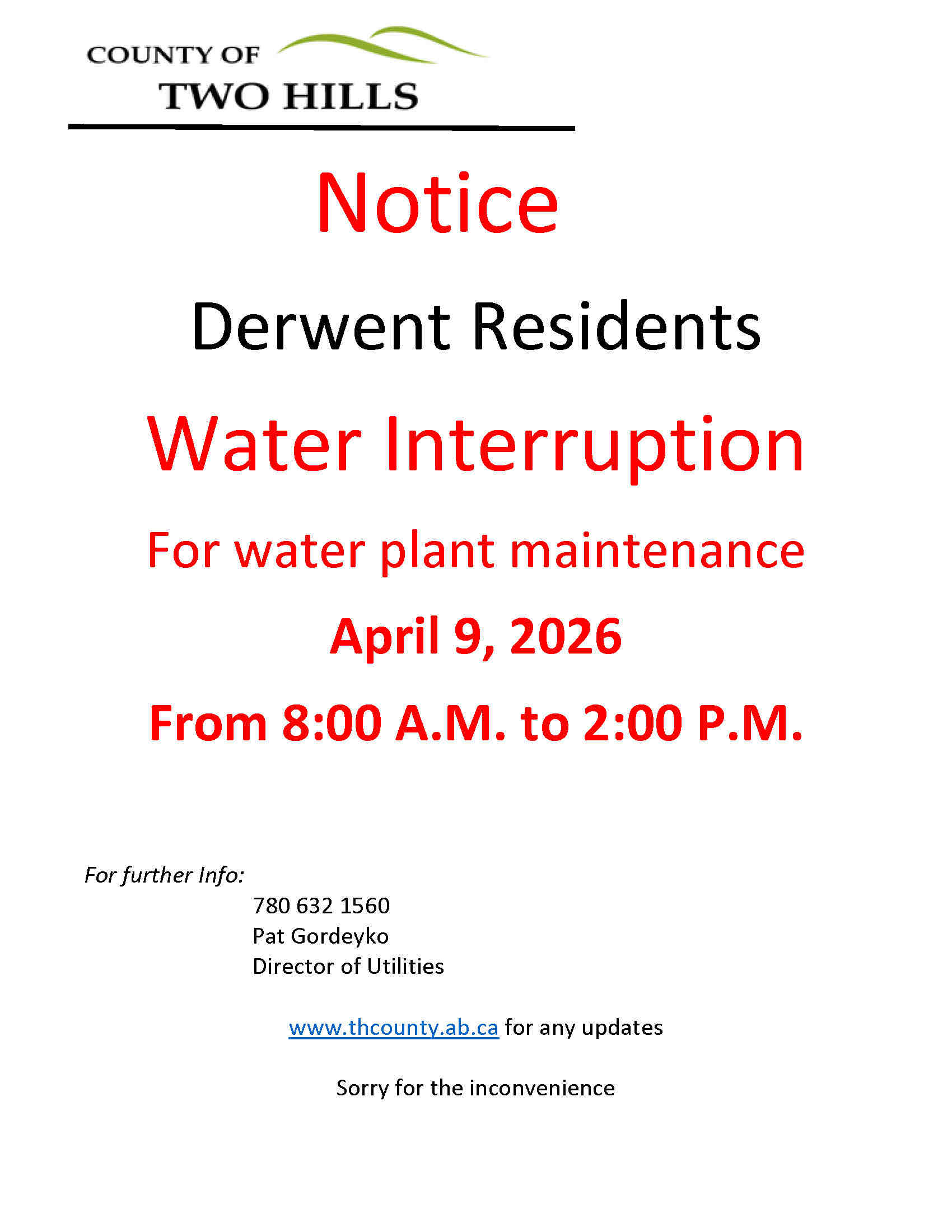Derwent Water Outage — April 9, 2026 from 8am to 2pm