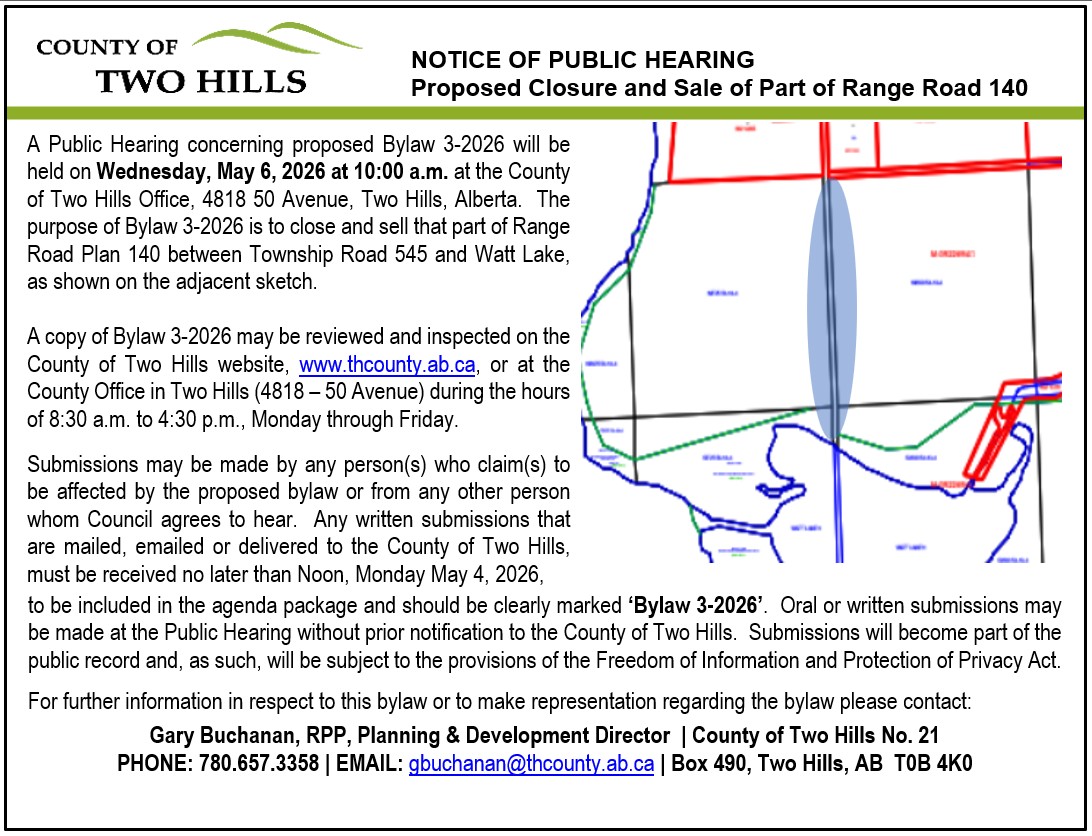 Notice of Public Hearing — Proposed Closure and Sale of Part of Range Road 140, Written submissions must be received no later than noon on Monday, May 4, 2026
