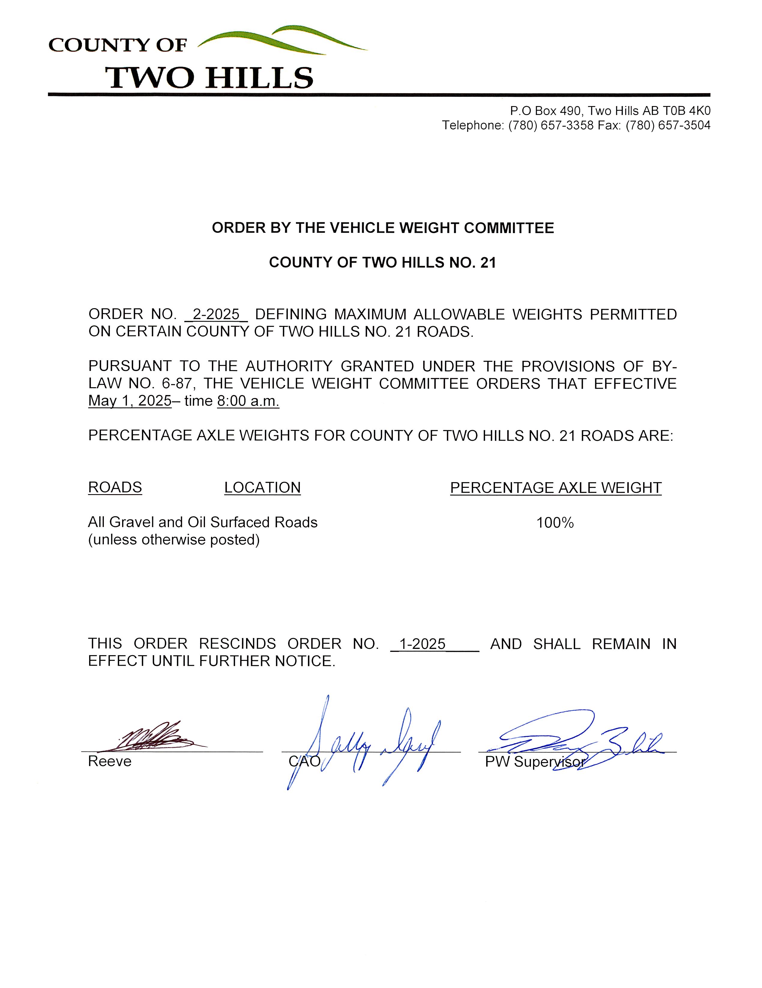 Road Ban Order No. 2 2025