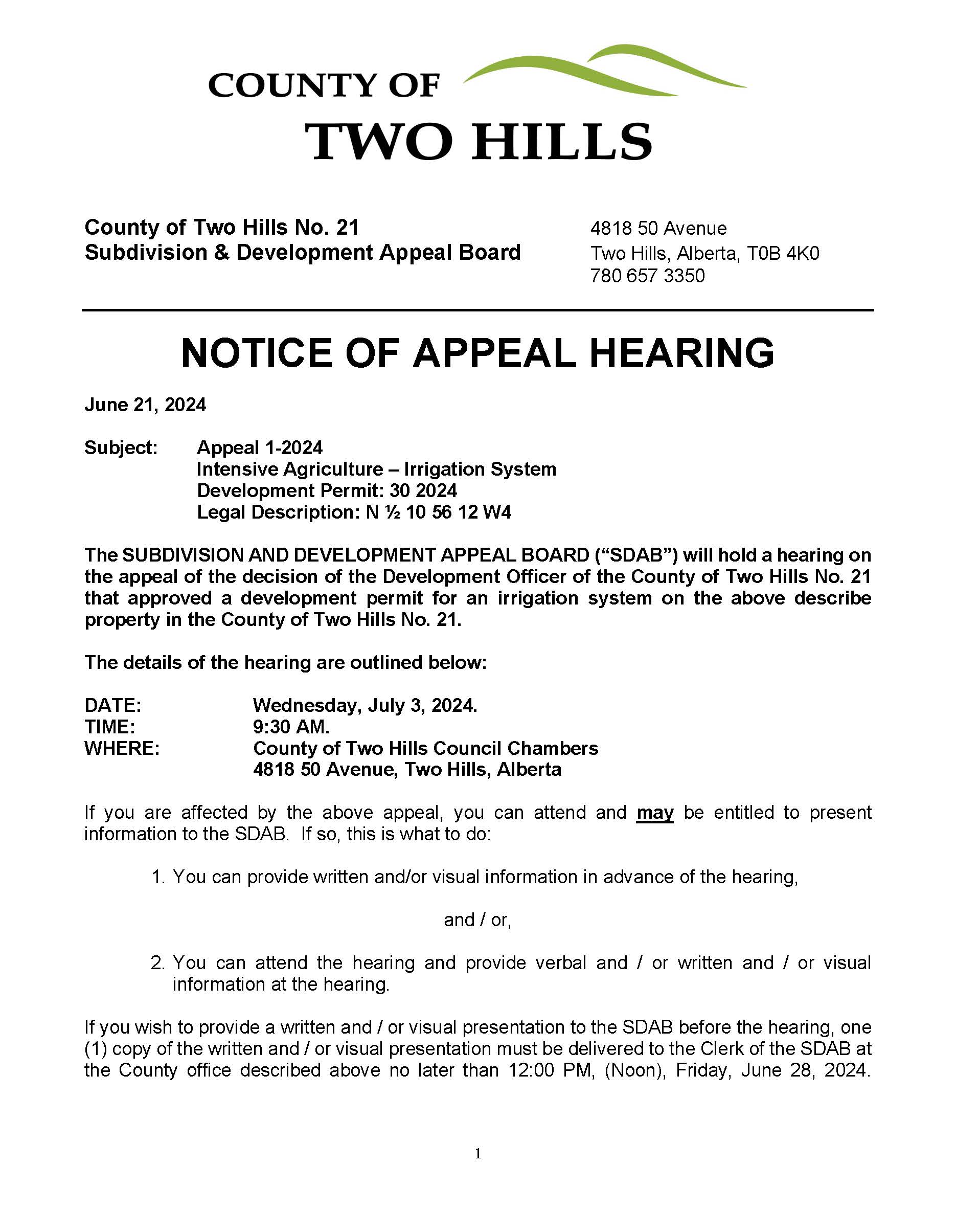 SDAB Notice of Hearing Two Hills County Page 1