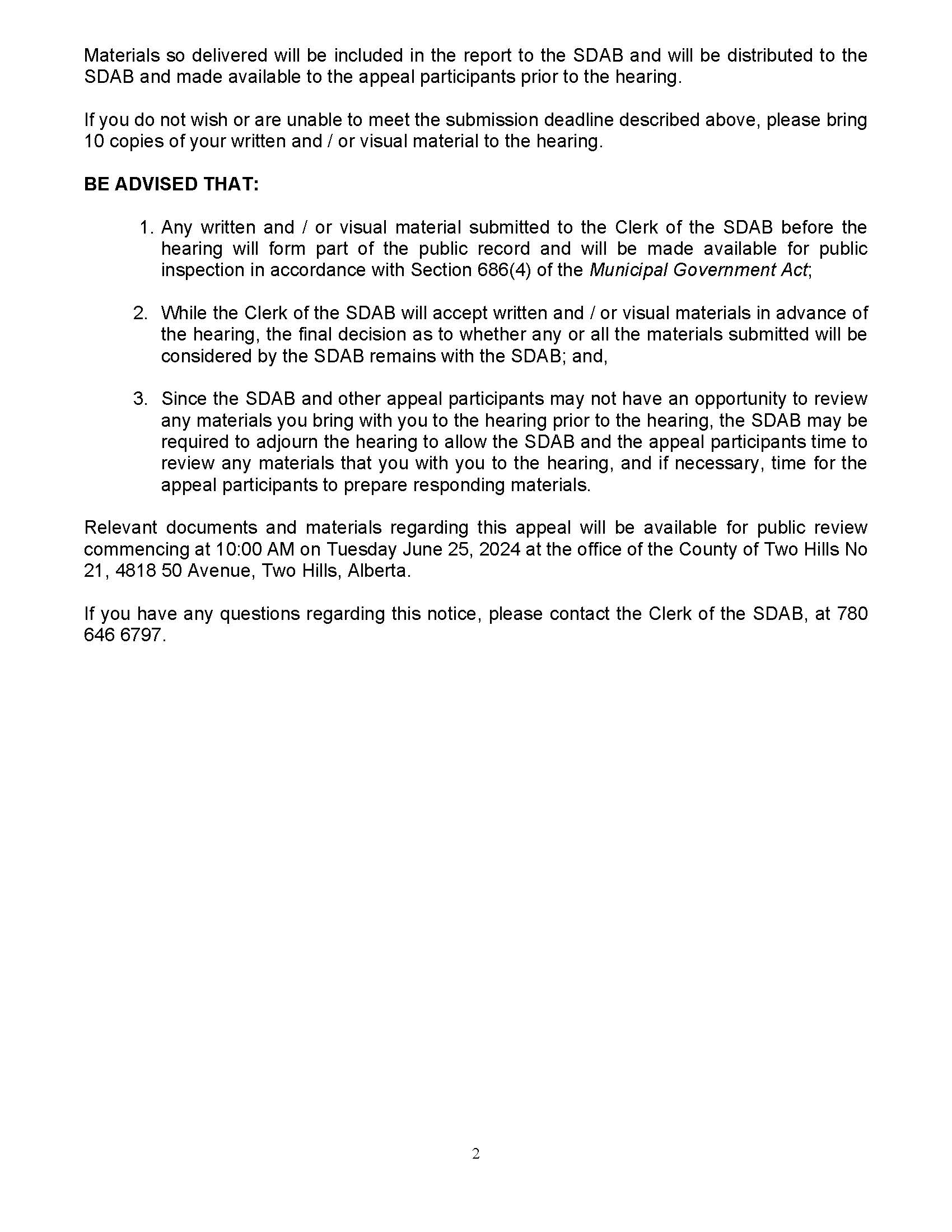 SDAB Notice of Hearing Two Hills County Page 2
